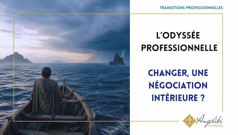 Une personne seule dans une barque face à une mer agitée, illustration de la transition professionnelle comme traversée intérieure.